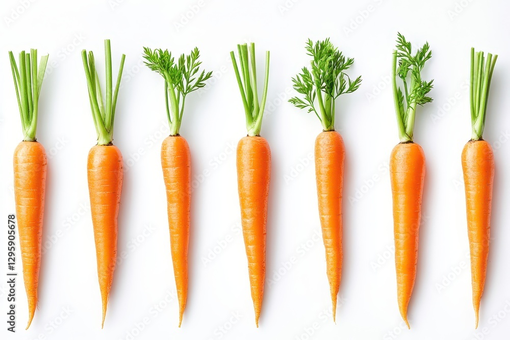 A row of fresh, vibrant carrots with green tops on a white background, showcasing healthy produce ready for cooking or snacking.