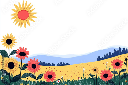 Vector illustration of a vast spring meadow with wildflowers swaying in the breeze, flat style illustration, simple shapes