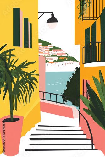 Vector illustration of a sunlit street in Nice, France, with pastel buildings and a view of the sea, simple, hand painted, bold colors