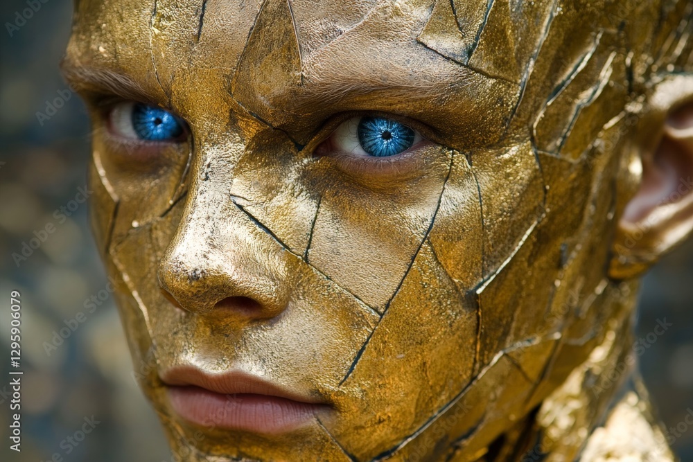 Portrait of a person with metallic gold face paint and striking blue eyes at an artistic event Portrait of a person with metallic gold face paint and striking blue eyes at an artistic event