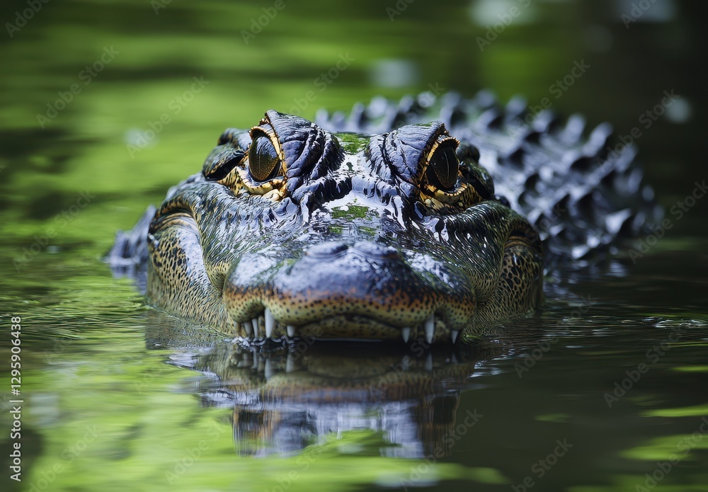 Obraz premium Close-Up of Alligator Head Emerging from Calm Water Surrounded by Lush Greenery in Natural Habitat