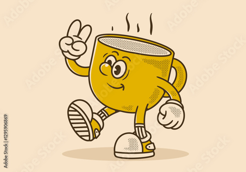 Retro Cheerful Cartoon Coffee Cup Character with Shoes and Peace Sign