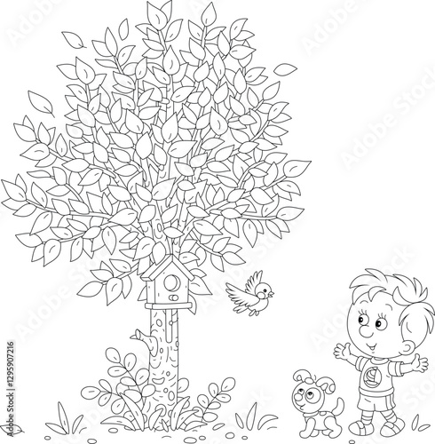 Happy little boy with his funny puppy fastened a wooden homemade birdhouse for a small bird to a tree in a spring park, black and white outline vector cartoon illustration for a coloring book