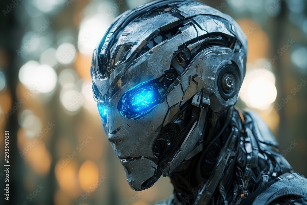 Futuristic robot with glowing blue eyes stands in a serene forest during twilight hours Futuristic robot with glowing blue eyes stands in a serene forest during twilight hours
