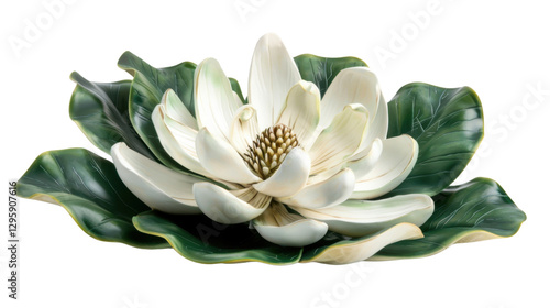 White water lily blooming with green leaves on transparent background