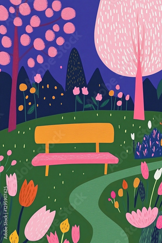 Vector illustration of a winding path through a vibrant spring garden, flat style illustration, simple shapes