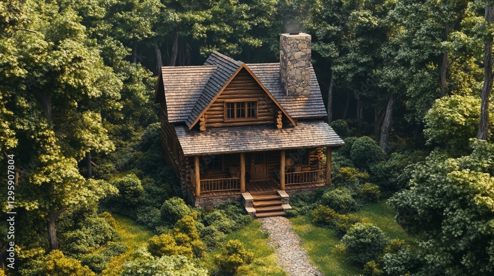 Secluded wooden cabin nestled in a lush green forest with a stone chimney emitting smoke. Secluded wooden cabin nestled in a lush green forest with a stone chimney emitting smoke.