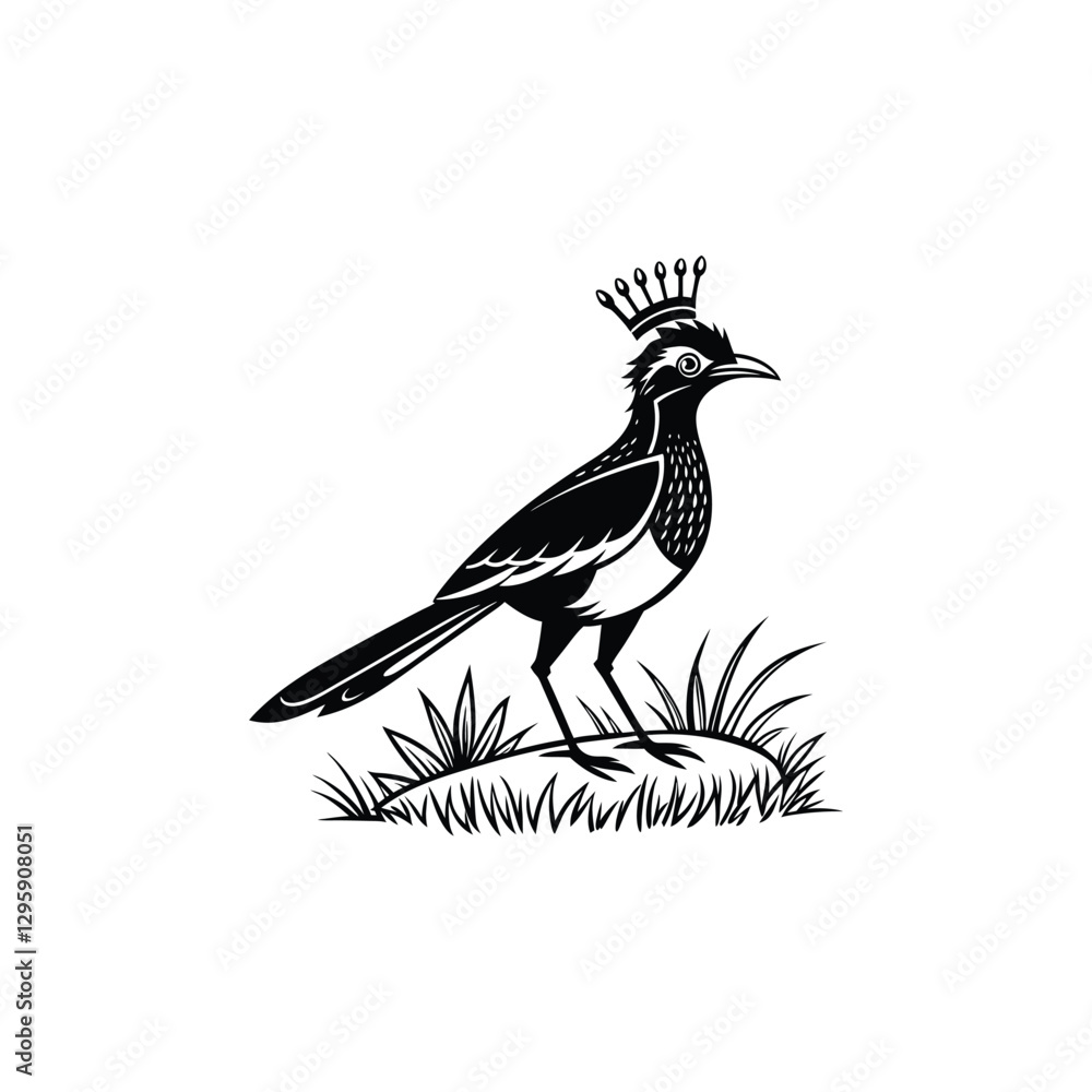 Fototapeta premium Royal Crested Bird Silhouette Standing on Grass – Vector Art