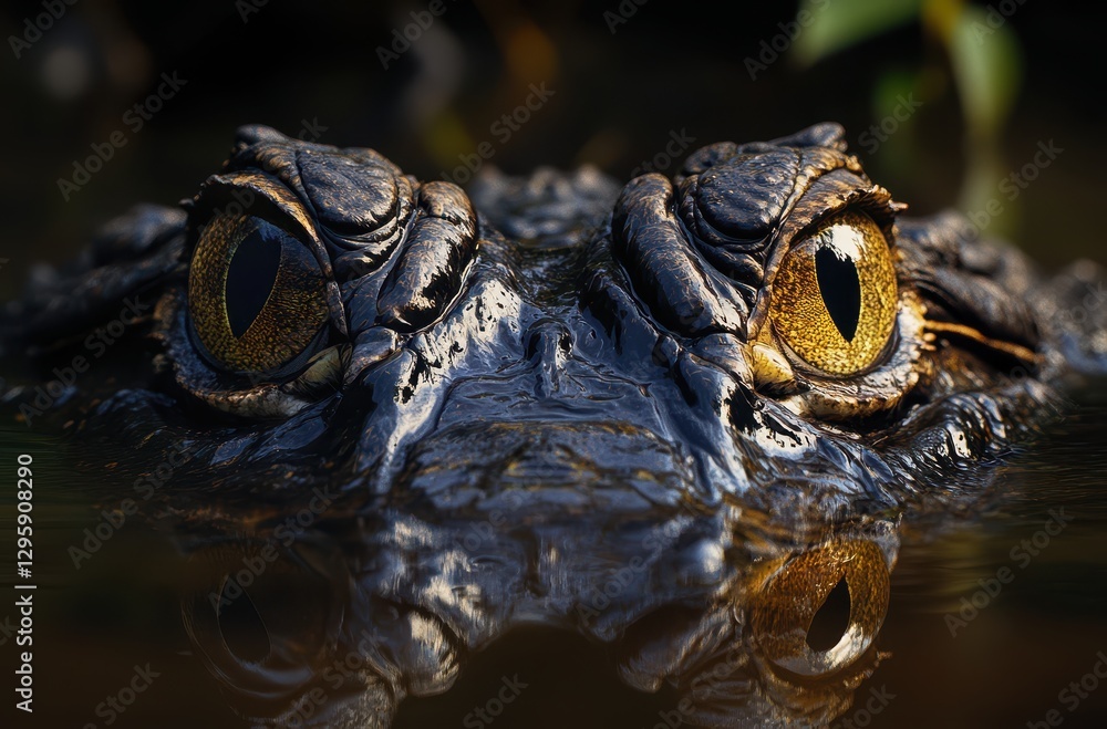 Close-Up of Alligator Head Emerging from Water, Capturing Intense Eyes and Textured Skin in Natural Habitat, Perfect for Wildlife Photography Projects Close-Up of Alligator Head Emerging from Water, Capturing Intense Eyes and Textured Skin in Natural Habitat, Perfect for Wildlife Photography Projects