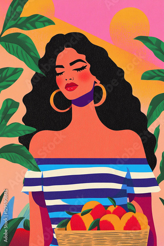 Vector illustration of a woman wearing a striped summer dress with a basket of peaches, simple, hand painted, bold colors