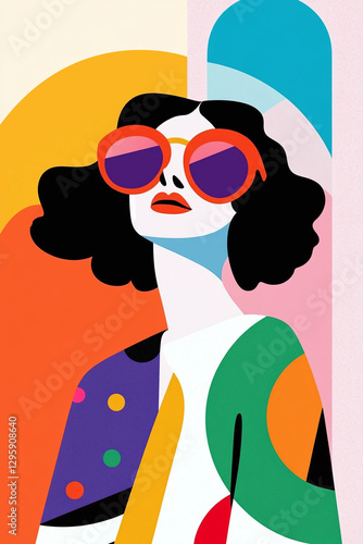Vector illustration of a woman with dark curls wearing oversized sunglasses and a linen shirt, simple, hand painted, bold colors