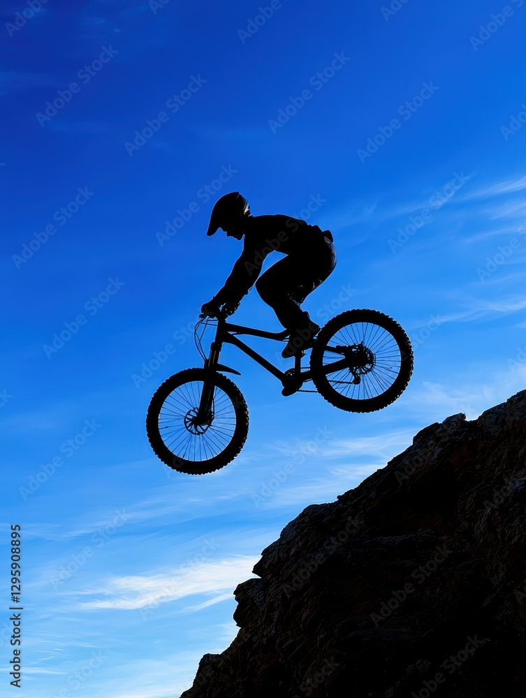 Mountain biker in mid-air jump rocky cliff action shot outdoor side view thrilling sports adventure Mountain biker in mid-air jump rocky cliff action shot outdoor side view thrilling sports adventure