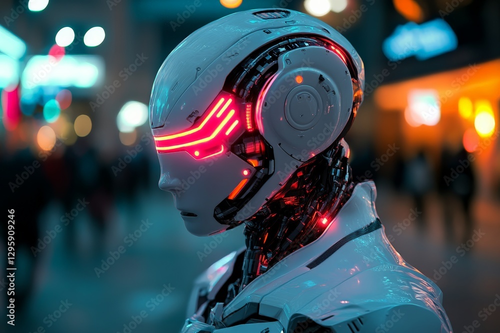 Innovative futuristic robot with glowing accents on display in an urban environment Innovative futuristic robot with glowing accents on display in an urban environment