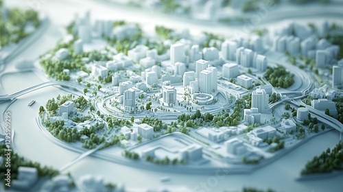 Stylized 3D model of a city with green spaces and a river.