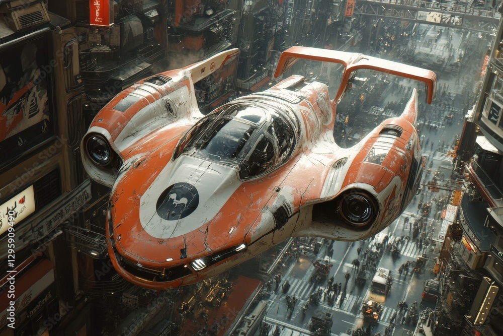 Obraz premium Futuristic flying vehicle navigates a bustling cyberpunk cityscape during nighttime