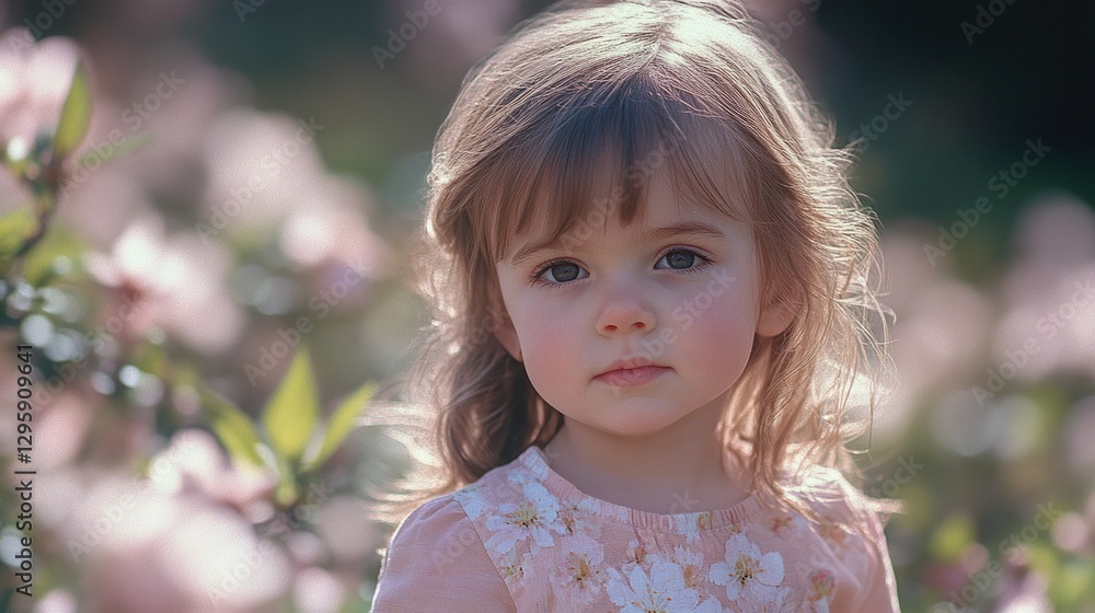 A young girl in a flowery field with blossoms. A beautiful candid photo capturing the essence of spring. A young girl in a flowery field with blossoms. A beautiful candid photo capturing the essence of spring.