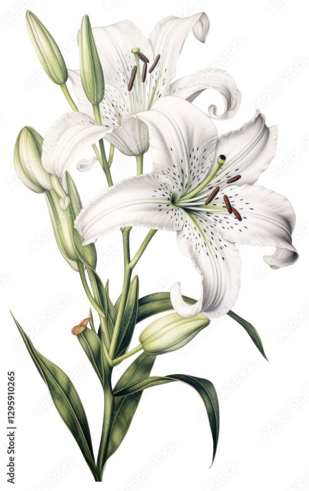 Obraz premium PNG White Lily branch lily illustration botanical.