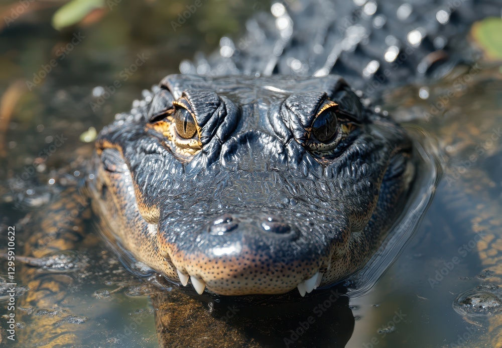 Fototapeta premium Close-up of Alligator in Water Showcasing its Skin Texture and Intense Eyes Captured in a Natural Habitat Under Bright Lighting Conditions
