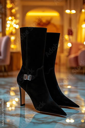 Luxurious black suede knee-high boots with a pointed toe, 3-inch stiletto heel, and silver buckle detail, elegantly displayed on a glossy marble floor under warm, soft lighting in a cozy boutique photo