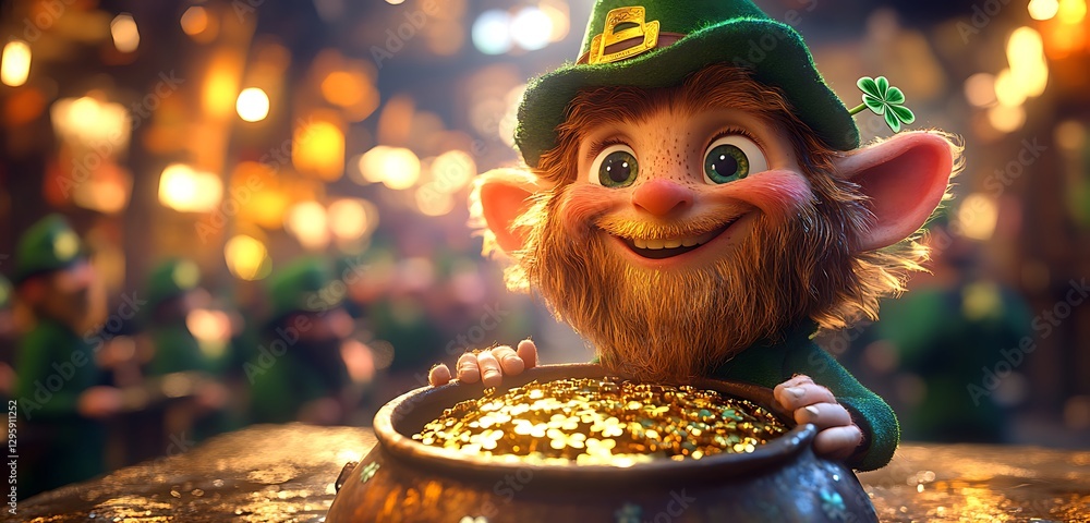 Cheerful Leprechaun in Green Guarding a Pot of Gold at a Table in a Magical Setting Cheerful Leprechaun in Green Guarding a Pot of Gold at a Table in a Magical Setting
