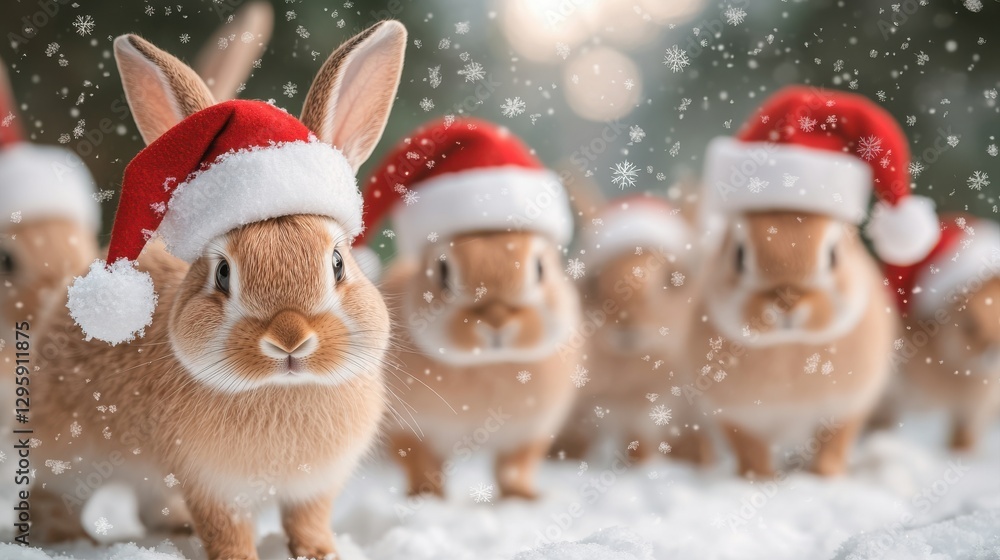 Cute rabbits wearing Santa hats play in the snow, creating a festive winter scene filled with holiday cheer. Cute rabbits wearing Santa hats play in the snow, creating a festive winter scene filled with holiday cheer.