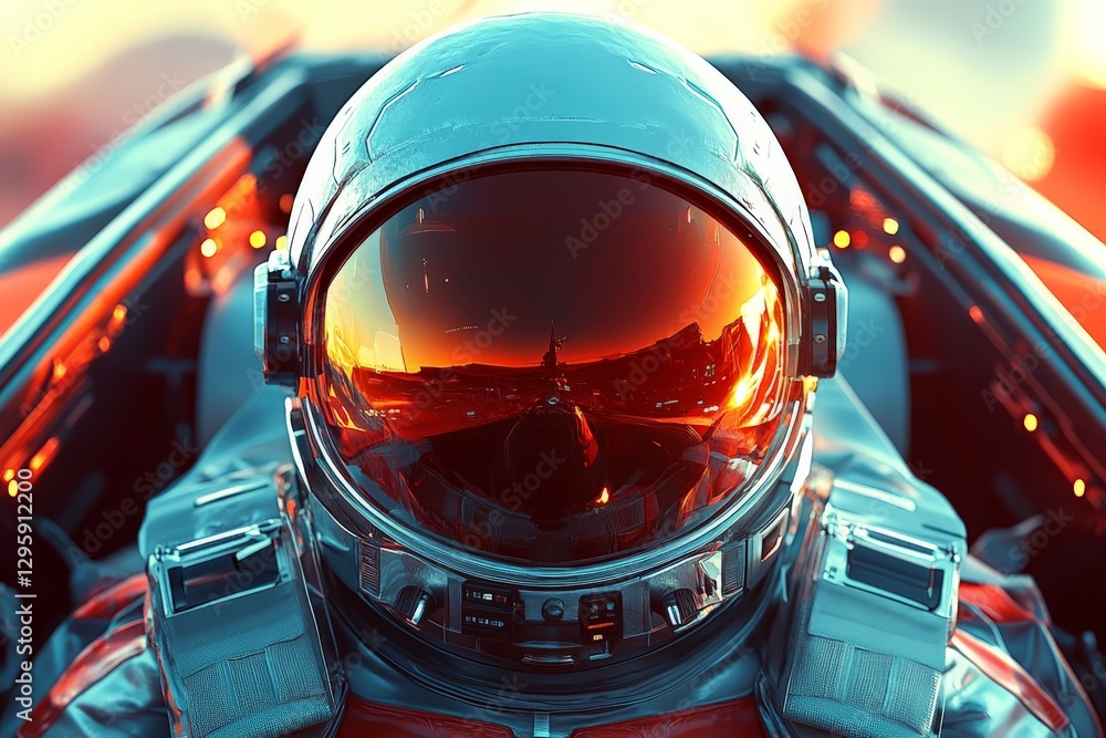 Astronaut preparing for launch with reflective visor in a vibrant setting at dawn Astronaut preparing for launch with reflective visor in a vibrant setting at dawn