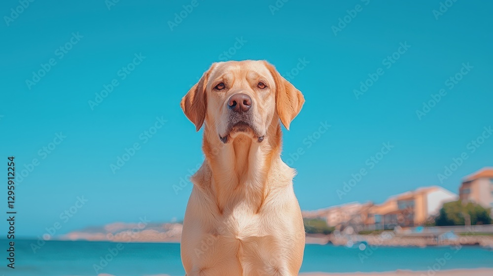 A beautiful yellow dog is standing near the ocean A beautiful yellow dog is standing near the ocean