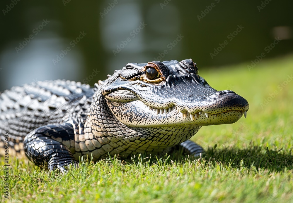 Obraz premium Close-Up of Alligator Relaxing on Grass by Water's Edge, Showcasing Textured Scales, Sharp Teeth, and Intense Eyes in a Natural Habitat Setting