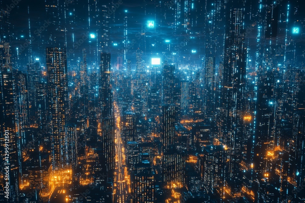 Vibrant city skyline illuminated by digital lights at night with skyscrapers and high-tech elements Vibrant city skyline illuminated by digital lights at night with skyscrapers and high-tech elements