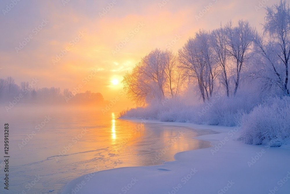 Winter landscape, frozen river, snow-covered trees, misty sunrise, golden light, frost-covered Winter landscape, frozen river, snow-covered trees, misty sunrise, golden light, frost-covered