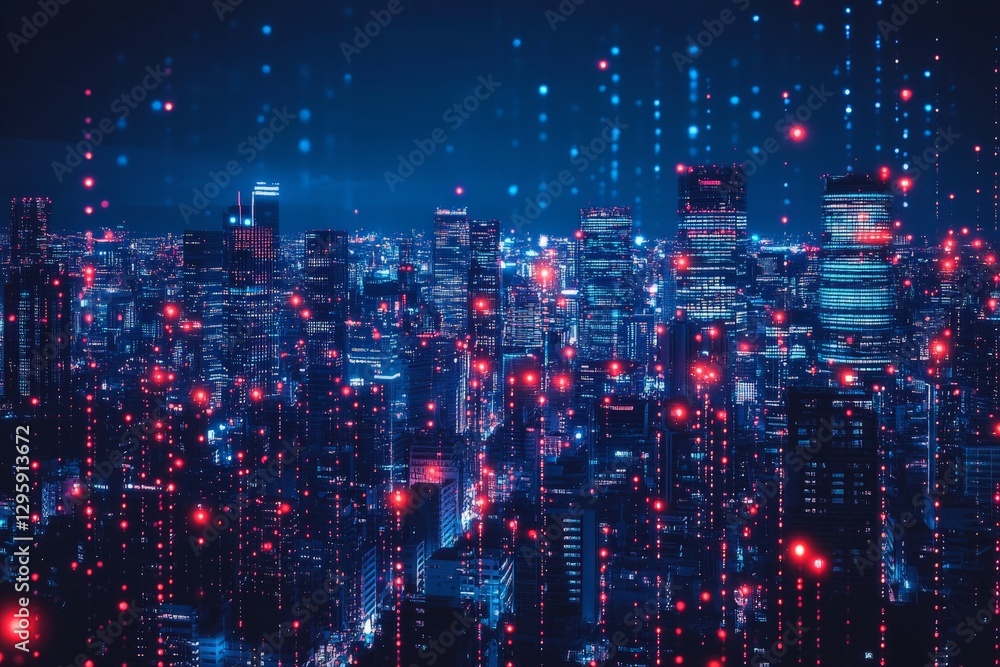 Obraz premium City skyline illuminated by vibrant lights and digital effects during the night