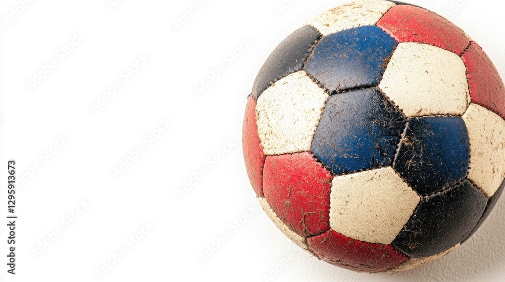 Worn Classic Soccer Ball with Red Blue and White Patterns on White Background