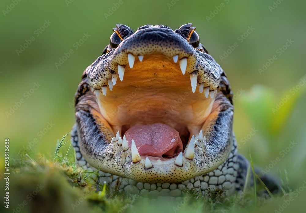 Obraz premium Close-Up of Alligator Snapping Turtle with Open Mouth Displaying Sharp Teeth in Natural Habitat on a Green Background