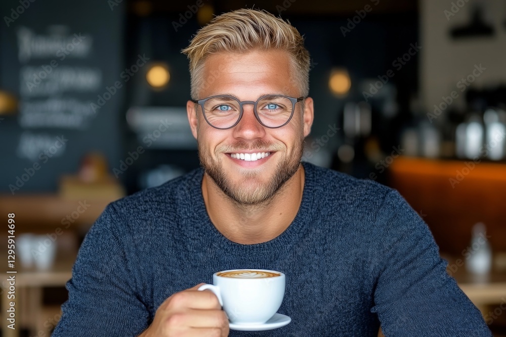 Smiling man enjoys a coffee at a cozy cafe during a sunny afternoon in a lively city setting Smiling man enjoys a coffee at a cozy cafe during a sunny afternoon in a lively city setting
