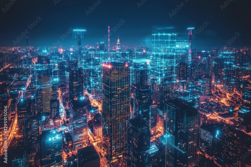 Vibrant night skyline of a futuristic city with glowing buildings and digital overlays showcasing urban innovation Vibrant night skyline of a futuristic city with glowing buildings and digital overlays showcasing urban innovation