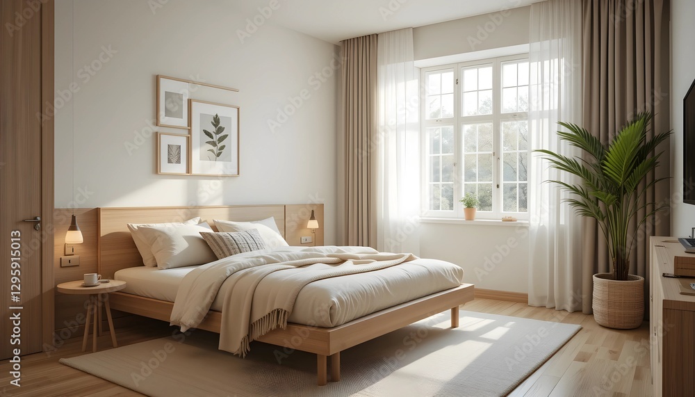 Fototapeta premium Cozy Minimalist Scandinavian Hotel Room with Warm Natural Light