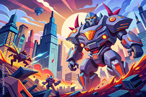 Giant robots fighting in a futuristic city, with buildings falling and explosions all around, intense, fast-paced, dramatic, stylized, futuristic