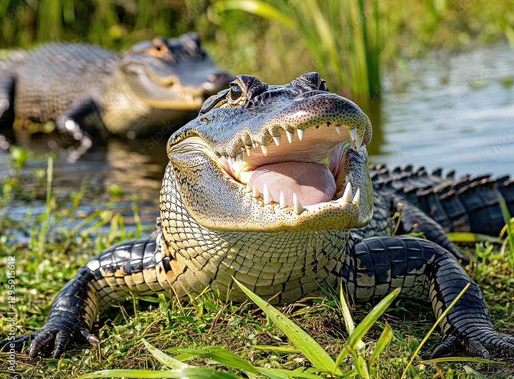 Obraz premium Close-up of Alligator with Open Mouth and Sharp Teeth Lying on Grass Near Water with Another Alligator in the Background in Bright Natural Environment