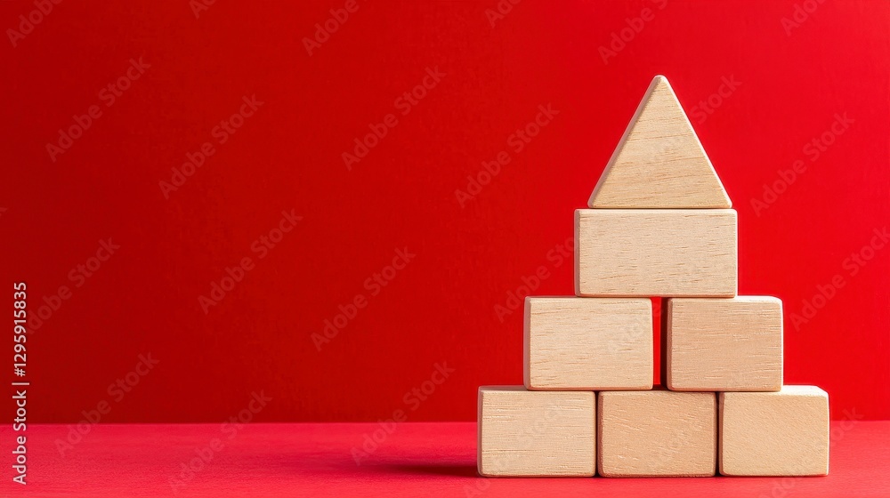 Beige Wooden Blocks Pyramid on Red Background Beige Wooden Blocks Pyramid on Red Background