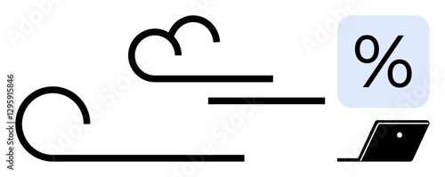 Wind curves convey movement and data flow towards percentage sign and laptop. Ideal for data analysis, technology, IT, efficiency, cloud computing, finance, and digital communication. Minimalist