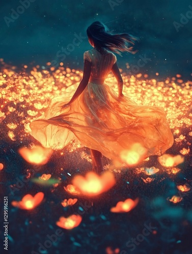 Wallpaper Mural Enchanting girl in flowing dress walking through glowing flower field at twilight magical landscape dreamy viewpoint Torontodigital.ca