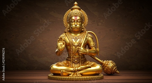 Happy Hanuman Jayanti, celebrates the birth of Lord Golden deity statue, Hindu god, lotus position, blessing gesture, ornate jewelry, divine aura, intricate details, spiritual figure, red background, 