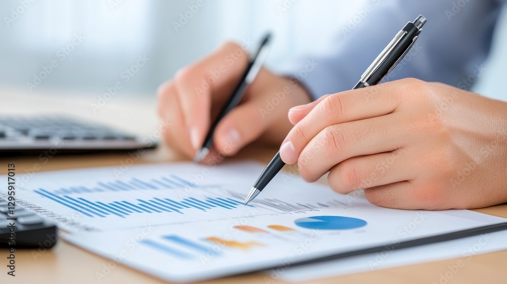 Close up of Hands Reviewing Financial Data Charts and Graphs on Wooden Desk Close up of Hands Reviewing Financial Data Charts and Graphs on Wooden Desk