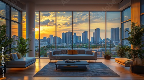 Modern Living Room with City View at Sunset