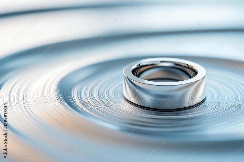 Close up view of a minimalist metallic ring on a smooth reflective surface Close up view of a minimalist metallic ring on a smooth reflective surface