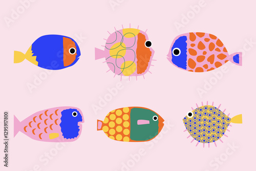 Collection of quirky reef fishes, puffer fishes. Abstract cartoon print for card, poster, sticker. Groovy elements