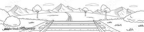 Railway to the mountain railroad graphic black white sketch long landscape illustration vector