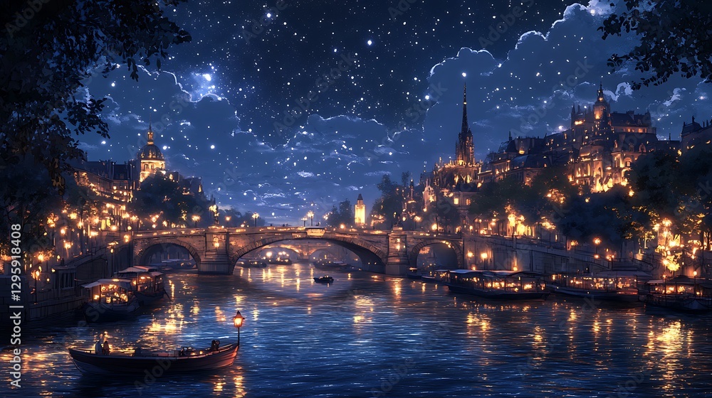 Fototapeta premium An anime-style Seine River scene at night, with starlit skies creating a celestial glow, lantern-lit boats floating serenely, and the iconic bridges softly lit, evoking a magical Parisian ambiance.