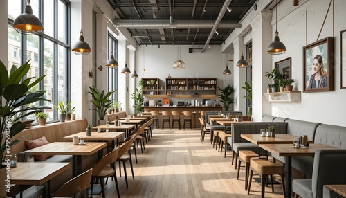 Modern Cafe with Warm Wooden Accents and Scandinavian Design