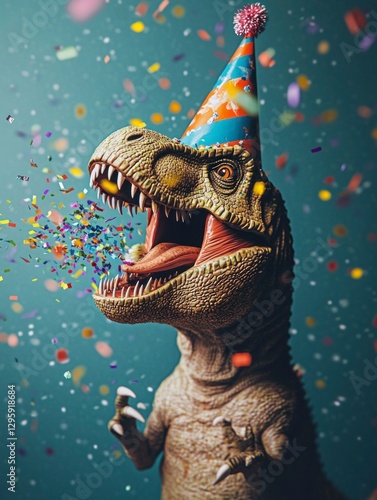 T-rex celebrating with confetti at a birthday party fun environment colorful viewpoint festive concept